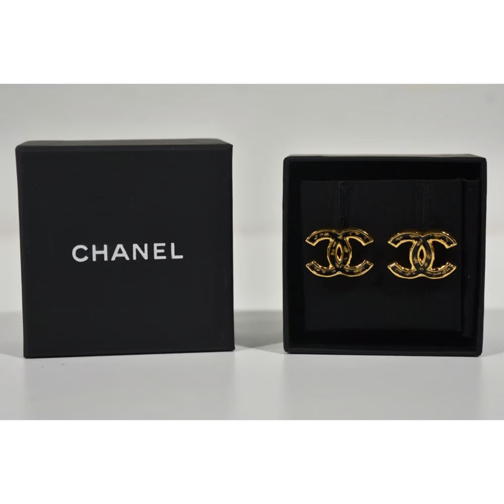 Chanel 23C Gold Black Interlocking CC Logo Classic Drop Statement Stud Earrings - Picture 8 of 8